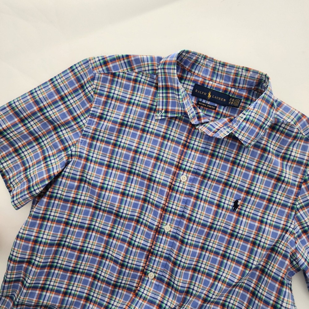 Ralph Lauren Natural Stretch blue plaid short sleeve button front shirt xl 18-20